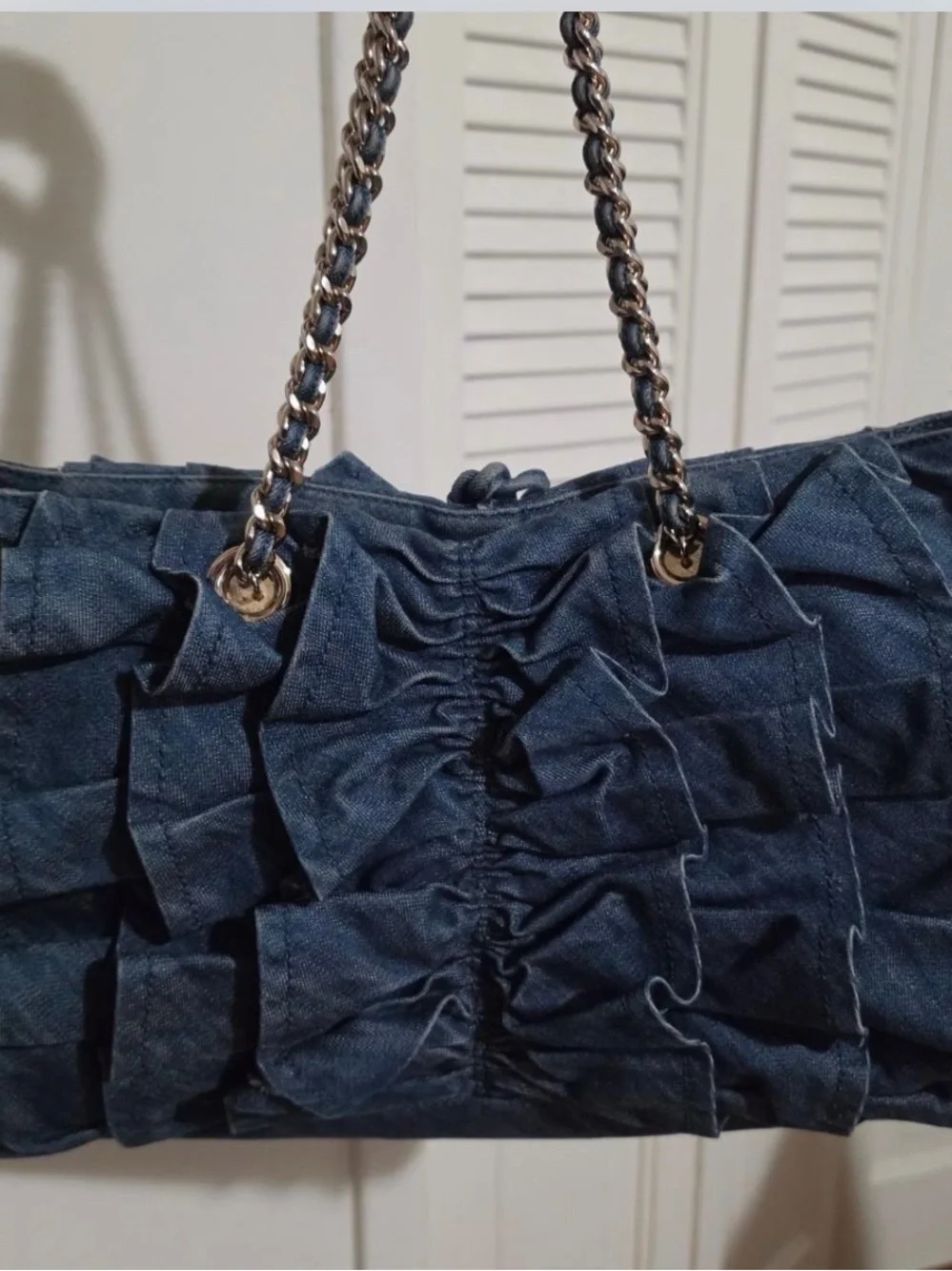 bebe Denim Ruffle Satchel - Blue with Gold Accents